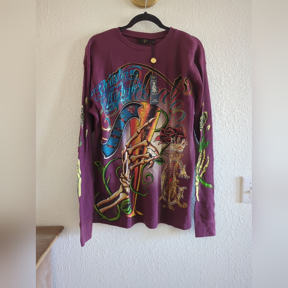 Christian Audigier Men's Small Thermal Shirt Celebrate Life Graphic Print New